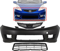 Front Bumper Cover Primed Plastic + Upper & Lower Grille Direct Replacement Compatible With 2009-2011 Honda Fit