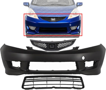 Front Bumper Cover Primed Plastic + Upper & Lower Grille Direct Replacement Compatible With 2009-2011 Honda Fit