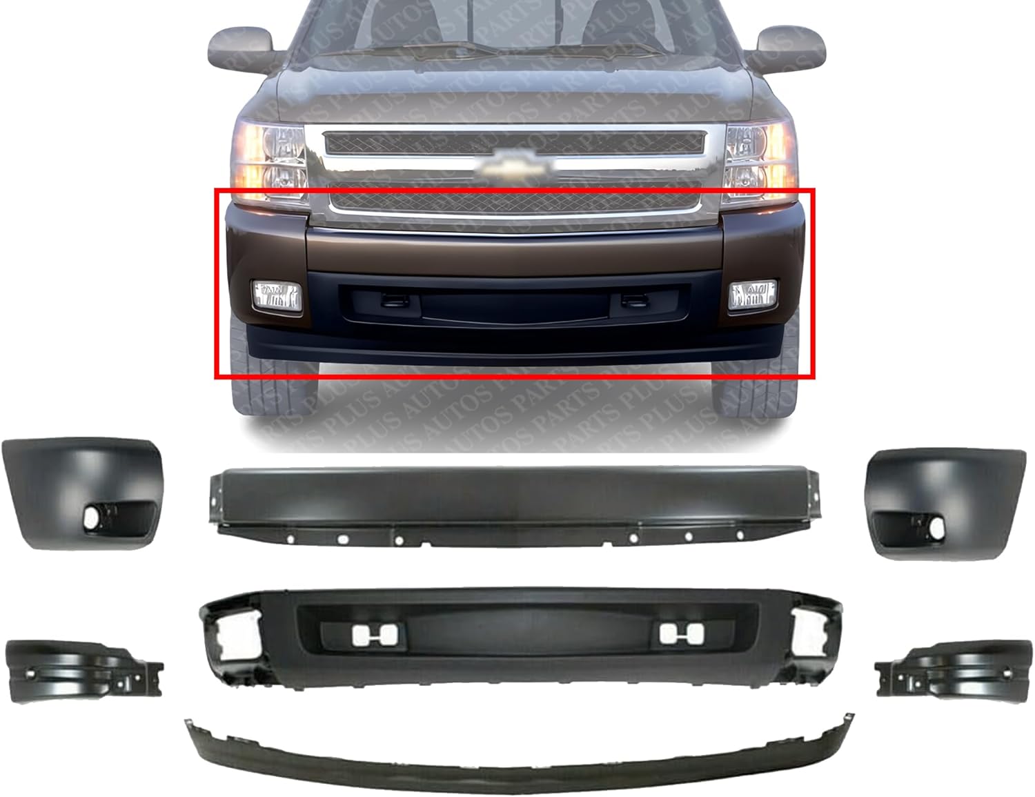 AUTOS PARTS PLUS Front Bumper Primed Steel + Lower Valance + Extensions + Brackets + Bumper Ends Caps Left And Right Direct Replacement Compatible With...