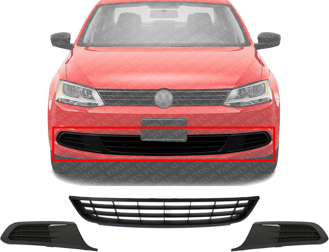 Front Bumper Grille Textured + Fog Light Covers Left Driver & Right Passenger Side Direct Replacement Compatible With 2011-2014 Volkswagen Jetta VW1036121 VW1038119 VW1039119