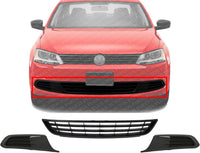 Front Bumper Grille Textured + Fog Light Covers Left Driver & Right Passenger Side Direct Replacement Compatible With 2011-2014 Volkswagen Jetta VW1036121 VW1038119 VW1039119
