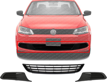 Front Bumper Grille Textured + Fog Light Covers Left Driver & Right Passenger Side Direct Replacement Compatible With 2011-2014 Volkswagen Jetta VW1036121 VW1038119 VW1039119