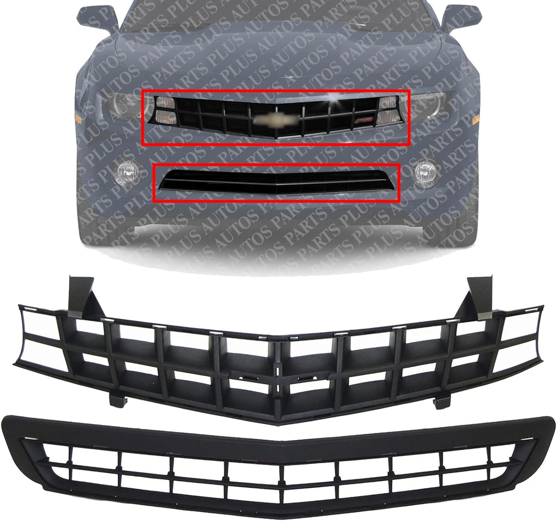 Front Upper Textured & Lower Grille Primed Shell and Insert Plastic Direct Replacement Compatible With Chevrolet Camaro 2010-2013 92243533 92228228 GM1200620 GM1036125