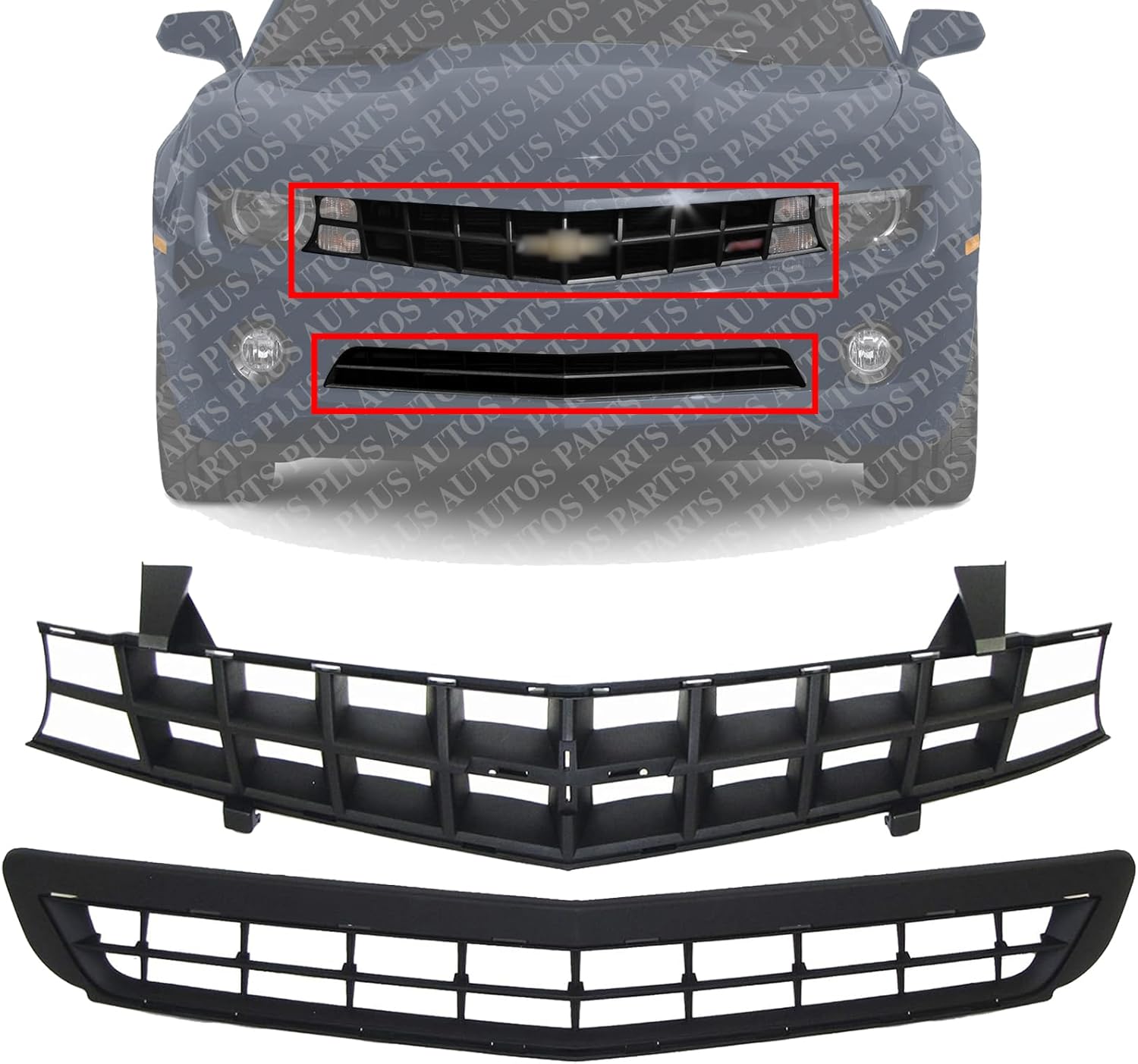Front Upper Textured & Lower Grille Primed Shell and Insert Plastic Direct Replacement Compatible With Chevrolet Camaro 2010-2013 92243533 92228228 GM1200620 GM1036125
