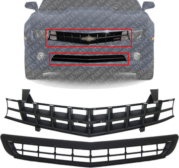 Front Upper Textured & Lower Grille Primed Shell and Insert Plastic Direct Replacement Compatible With Chevrolet Camaro 2010-2013 92243533 92228228 GM1200620 GM1036125