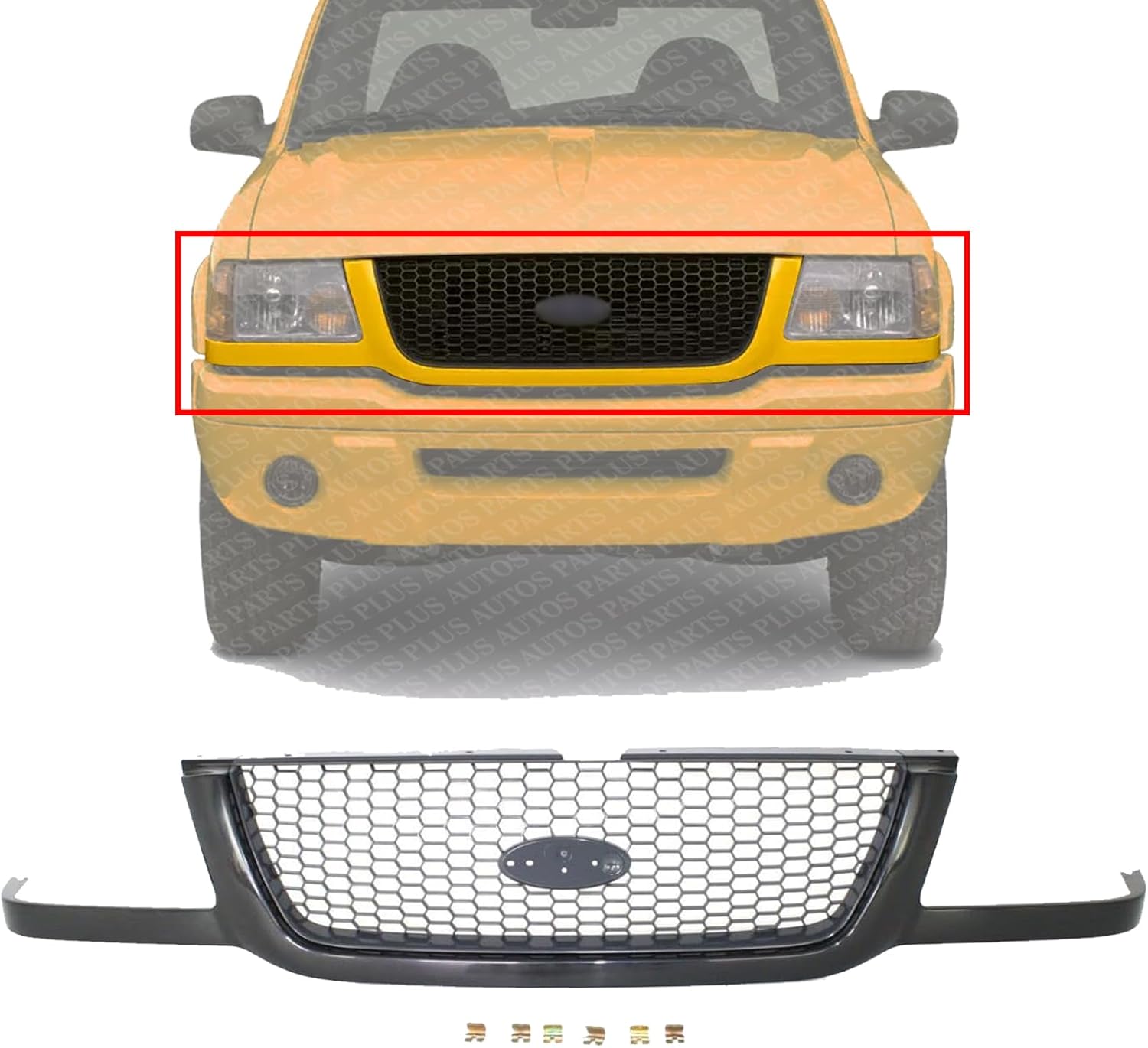 Front Grille Assembly Primed Shell And Painted Dark Gray Mesh Insert Direct Replacement Compatible With 2001-2003 Ford Ranger FO1200395 3L5Z8200BA