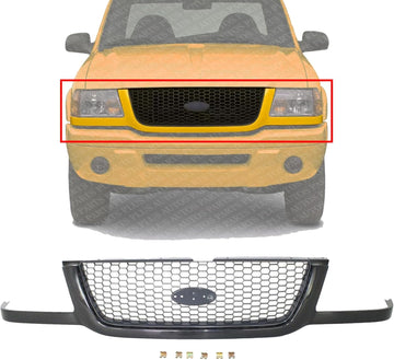 Front Grille Assembly Primed Shell And Painted Dark Gray Mesh Insert Direct Replacement Compatible With 2001-2003 Ford Ranger FO1200395 3L5Z8200BA