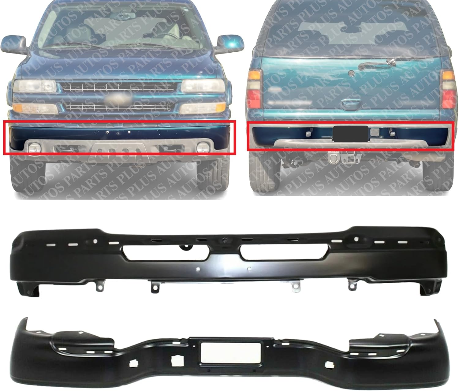AUTOS PARTS PLUS New Front Bumper Face Bar + Rear Cover Primed Direct Replacement For Chevrolet Suburban 1500 2500 / Tahoe/GMC Yukon 1500 2500 2000-2006 19121287 12335826-PFM GM1002375 GM1102384