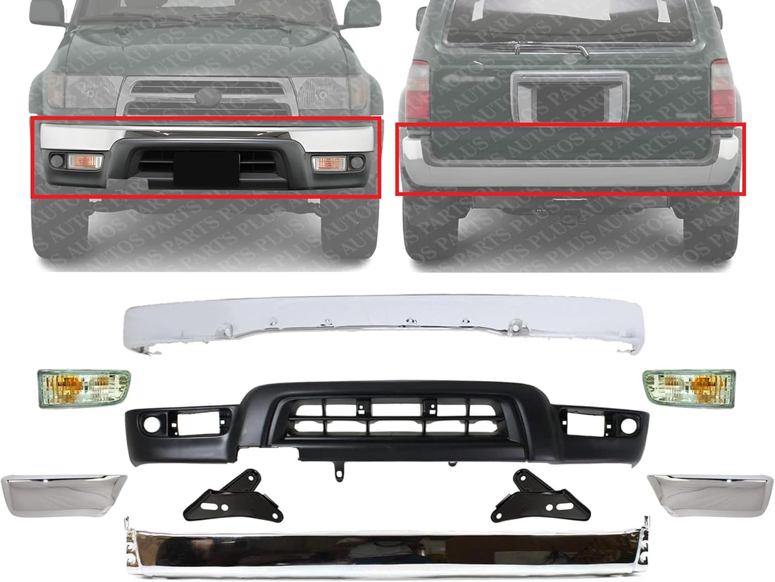 Front Front & Rear Bumper With End Caps Chrome + Lower Valance Panel Primed + Signal Lights + Brackets Right & Left Side Direct Replacement Compatible With 1999-2002 Toyota 4Runner