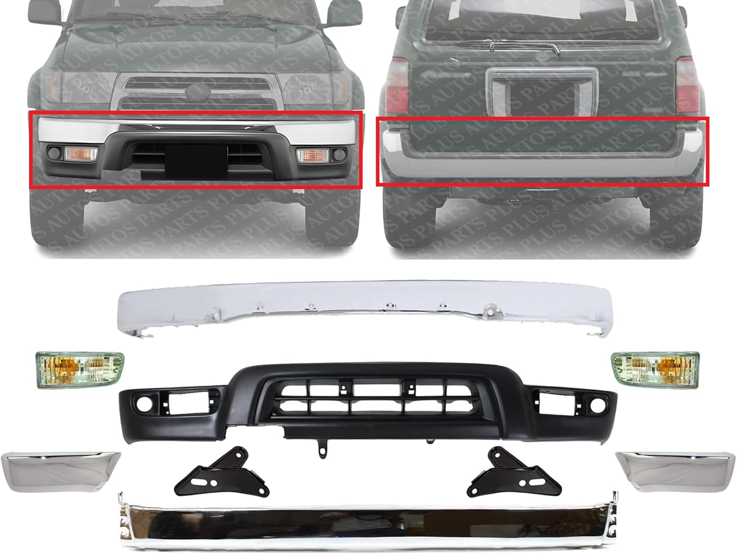 Front Front & Rear Bumper With End Caps Chrome + Lower Valance Panel Primed + Signal Lights + Brackets Right & Left Side Direct Replacement Compatible With 1999-2002 Toyota 4Runner
