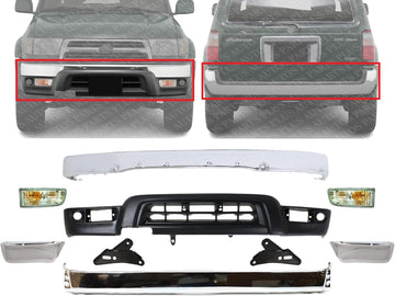 Front Front & Rear Bumper With End Caps Chrome + Lower Valance Panel Primed + Signal Lights + Brackets Right & Left Side Direct Replacement Compatible With 1999-2002 Toyota 4Runner