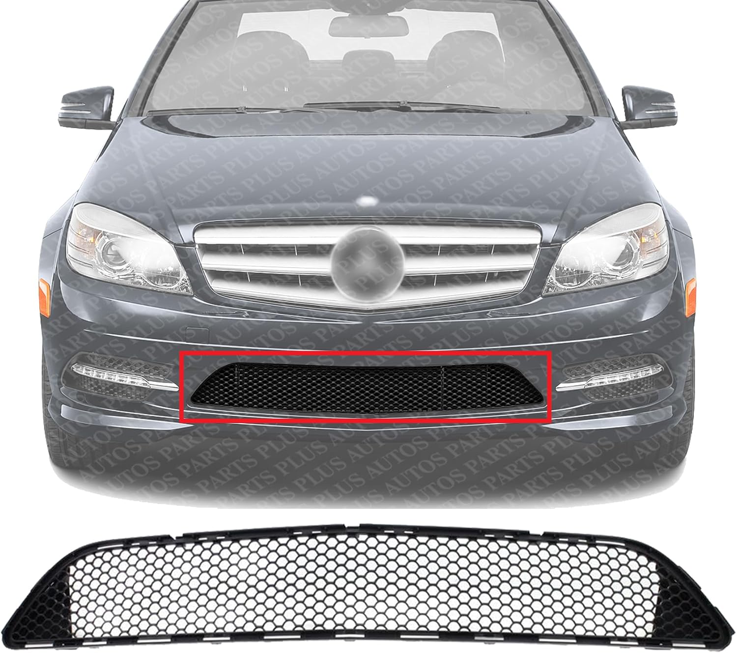 Front Bumper Center Grille Textured Plastic Direct Replacement Compatible With 2008-2011 Mercedes Benz C-Class MB1036120 2048850153