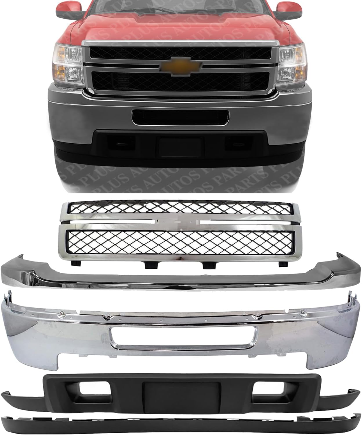 Front Bumper Chrome Steel + Grille + Upper Cover + Lower Valance + Extension Textured Direct Replacement Compatible With 2011-2014 Chevrolet Silverado 2500HD 3500HD GM1002838
