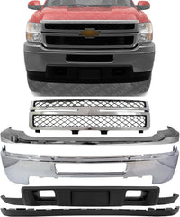 Front Bumper Chrome Steel + Grille + Upper Cover + Lower Valance + Extension Textured Direct Replacement Compatible With 2011-2014 Chevrolet Silverado 2500HD 3500HD GM1002838