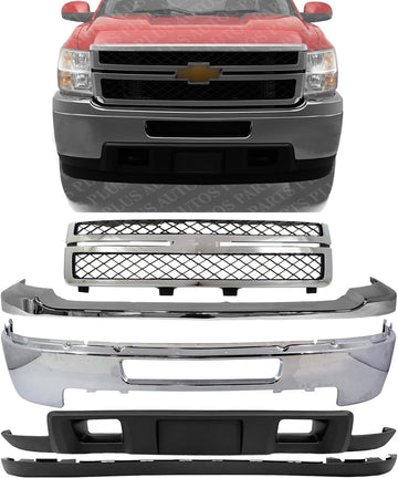 Front Bumper Chrome Steel + Grille + Upper Cover + Lower Valance + Extension Textured Direct Replacement Compatible With 2011-2014 Chevrolet Silverado 2500HD 3500HD GM1002838