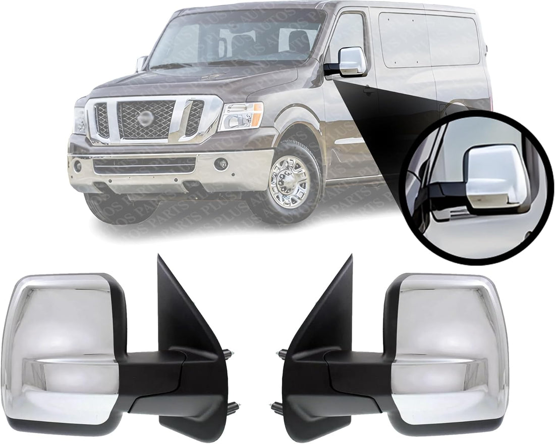 Set Of 2 Front Power Mirror Manual Folding Heated Chrome Plastic Without Signal Light Left Driver & Right Passenger Side Direct Replacement Compatible With 2012-2021 Nissan NV-Series