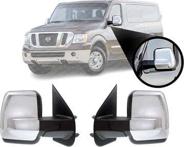 Set Of 2 Front Power Mirror Manual Folding Heated Chrome Plastic Without Signal Light Left Driver & Right Passenger Side Direct Replacement Compatible With 2012-2021 Nissan NV-Series