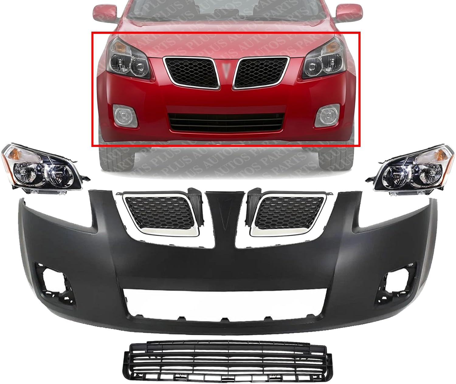 Front Bumper Cover Primed Plastic + Upper & Lower Grille + Headlight + Fog Light Cover Left Driver & Right Passenger Side Direct Replacement Compatible With 2009-2010 Pontiac Vibe