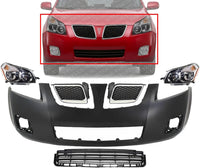Front Bumper Cover Primed Plastic + Upper & Lower Grille + Headlight + Fog Light Cover Left Driver & Right Passenger Side Direct Replacement Compatible With 2009-2010 Pontiac Vibe