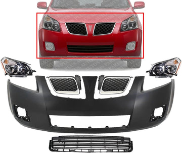 Front Bumper Cover Primed Plastic + Upper & Lower Grille + Headlight + Fog Light Cover Left Driver & Right Passenger Side Direct Replacement Compatible With 2009-2010 Pontiac Vibe