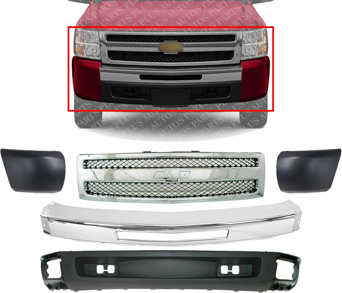 Front Bumper Steel + Grille Chrome Shell And Black Insert + Lower Valance Textured + End Caps Primed RH & LH Side Direct Replacement Compatible With Chevrolet Silverado 1500 2009-2013