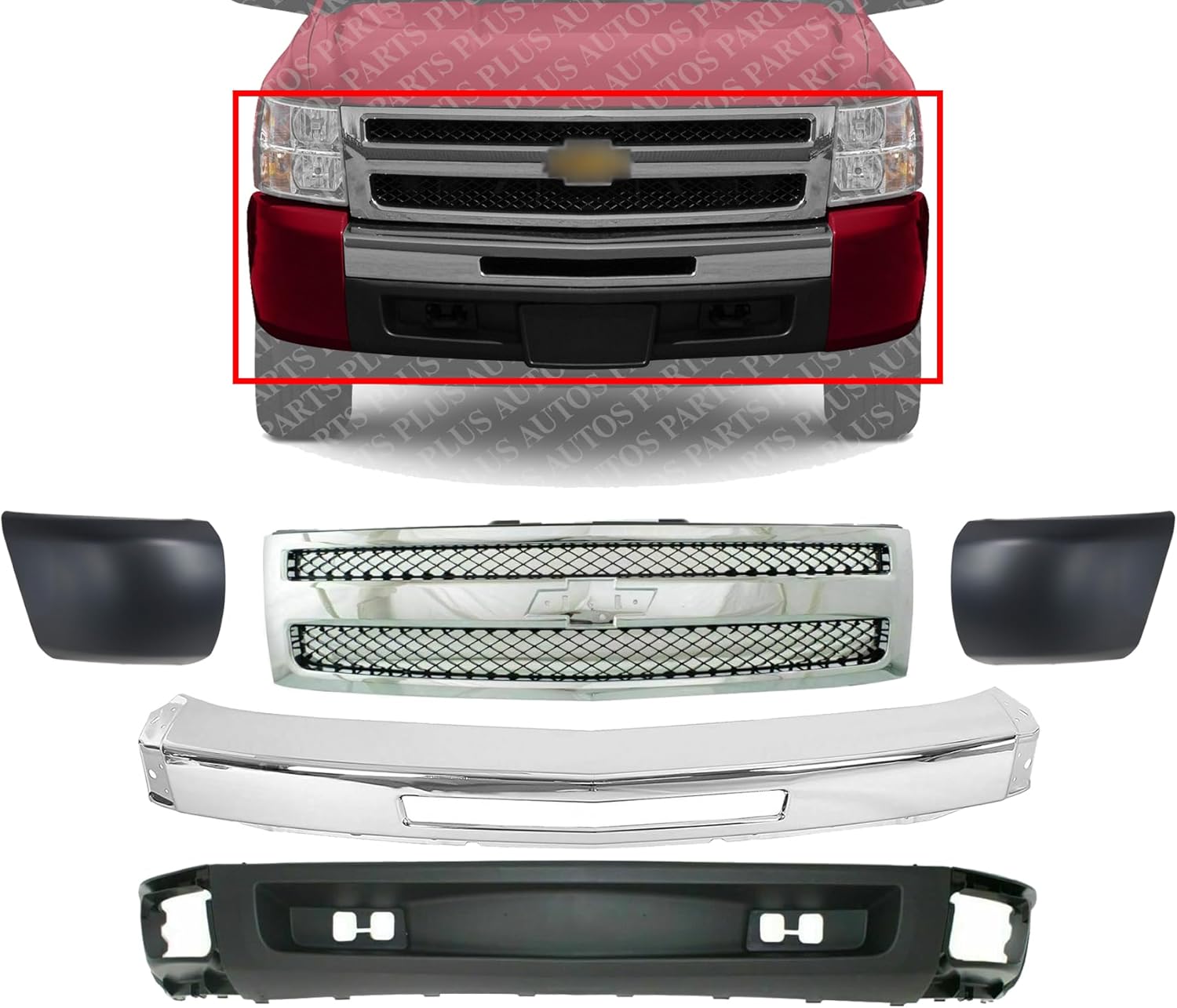 Front Bumper Steel + Grille Chrome Shell And Black Insert + Lower Valance Textured + End Caps Primed RH & LH Side Direct Replacement Compatible With Chevrolet Silverado 1500 2009-2013