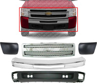 Front Bumper Steel + Grille Chrome Shell And Black Insert + Lower Valance Textured + End Caps Primed RH & LH Side Direct Replacement Compatible With Chevrolet Silverado 1500 2009-2013