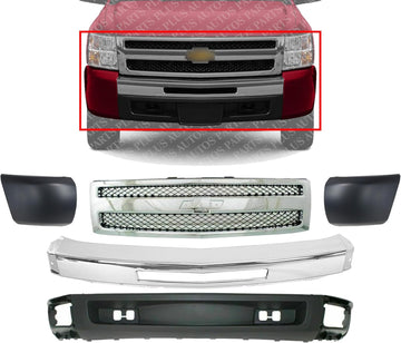 Front Bumper Steel + Grille Chrome Shell And Black Insert + Lower Valance Textured + End Caps Primed RH & LH Side Direct Replacement Compatible With Chevrolet Silverado 1500 2009-2013
