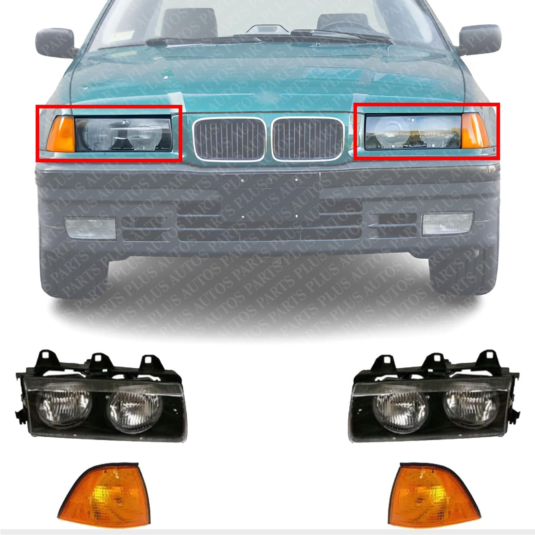 Front Headlights Assembly + Corner Lamps Lens and Housing Right Passenger & Left Driver Side Direct Replacement Compatible With BMW 3-Series 1992-1999 BM2503101 BM2502101 BM2520107