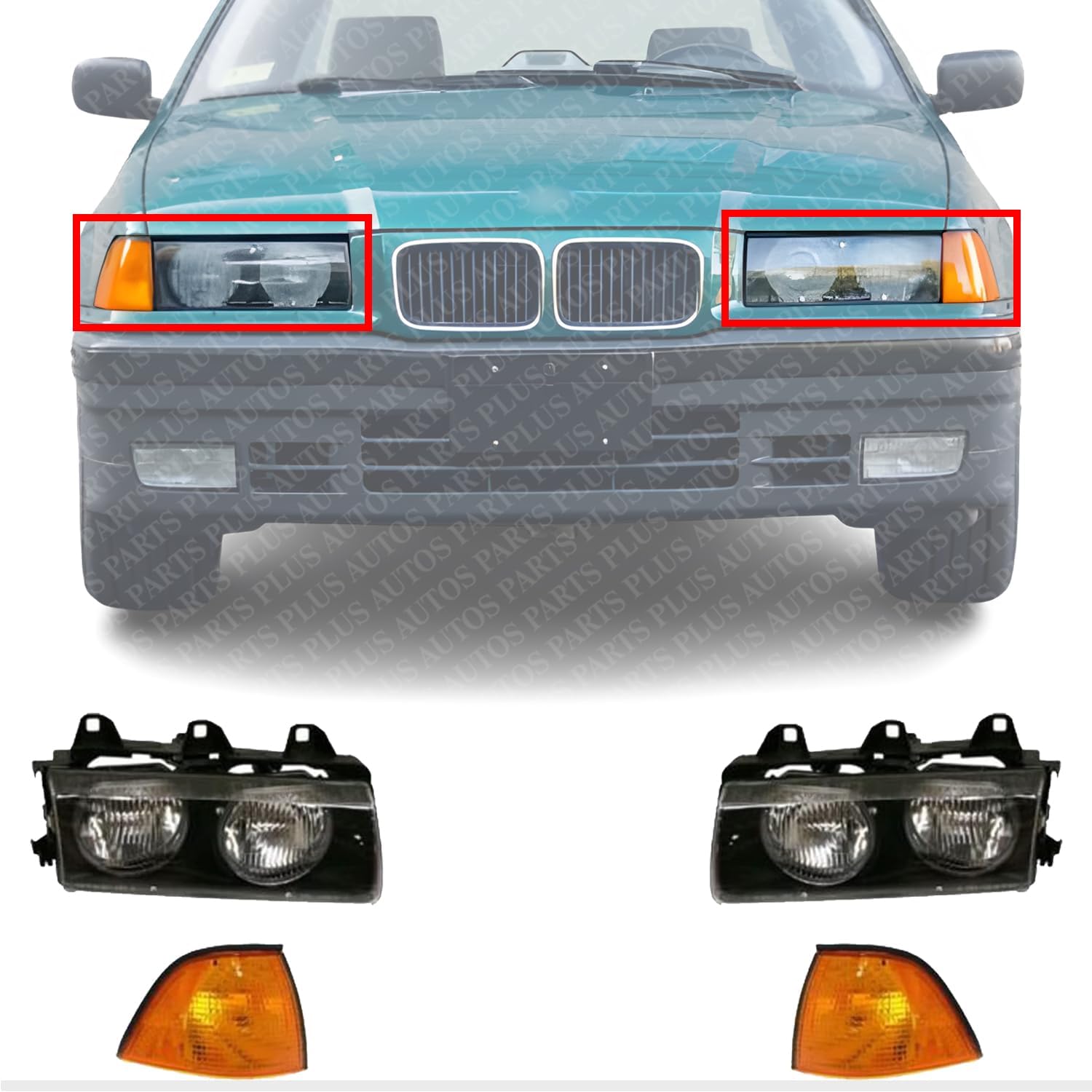 Front Headlights Assembly + Corner Lamps Lens and Housing Right Passenger & Left Driver Side Direct Replacement Compatible With BMW 3-Series 1992-1999 BM2503101 BM2502101 BM2520107