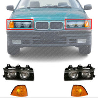 Front Headlights Assembly + Corner Lamps Lens and Housing Right Passenger & Left Driver Side Direct Replacement Compatible With BMW 3-Series 1992-1999 BM2503101 BM2502101 BM2520107