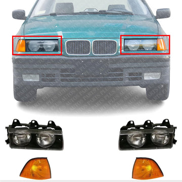 Front Headlights Assembly + Corner Lamps Lens and Housing Right Passenger & Left Driver Side Direct Replacement Compatible With BMW 3-Series 1992-1999 BM2503101 BM2502101 BM2520107
