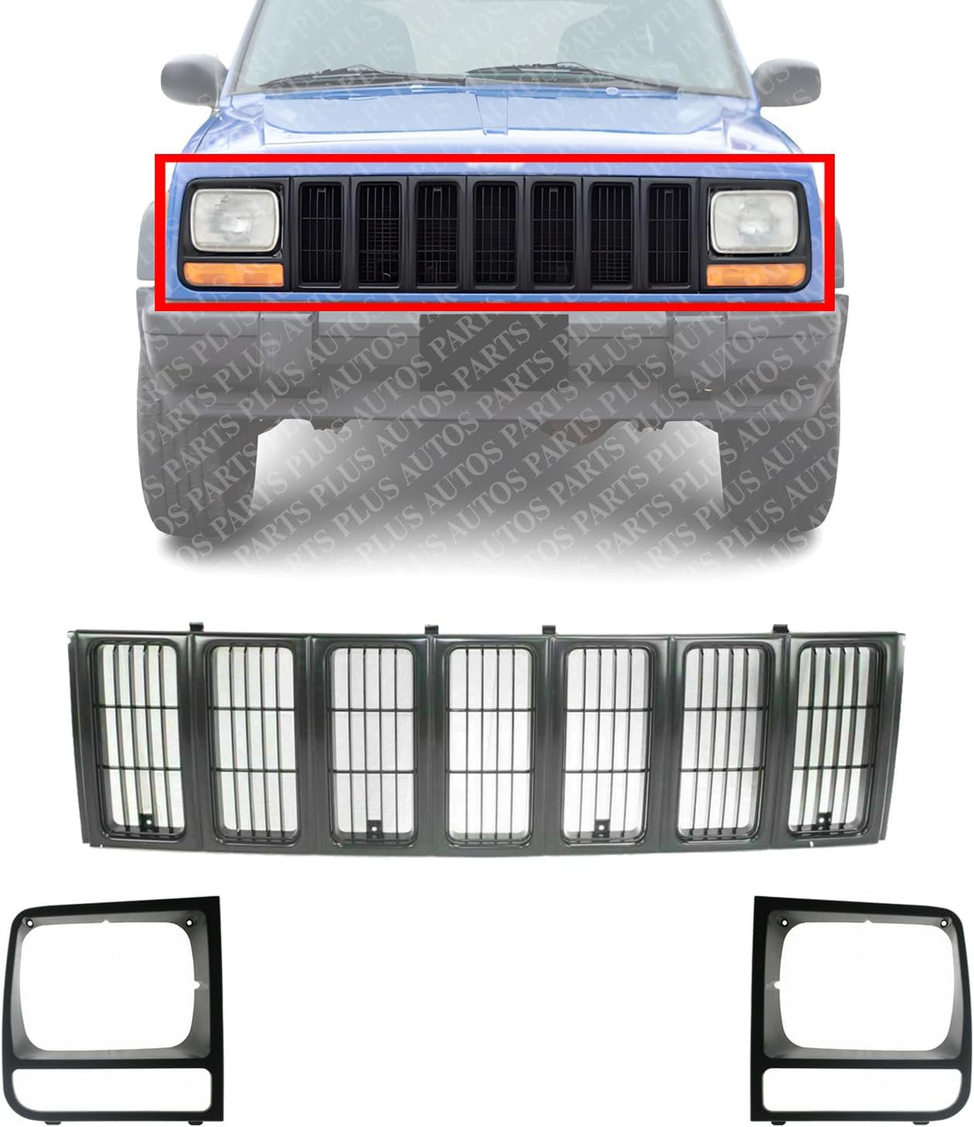 Front Bumper Upper Grille + Head Lamp Door Bezel Primed Left Driver & Right Passenger Side Direct Replacement Compatible With 1997-2001 Jeep Cherokee CH1200208 CH2512157 CH2513157