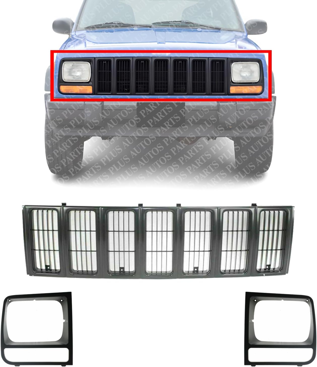 Front Bumper Upper Grille + Head Lamp Door Bezel Primed Left Driver & Right Passenger Side Direct Replacement Compatible With 1997-2001 Jeep Cherokee CH1200208 CH2512157 CH2513157