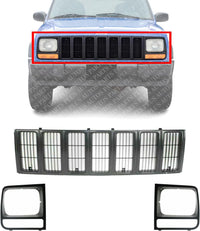 Front Bumper Upper Grille + Head Lamp Door Bezel Primed Left Driver & Right Passenger Side Direct Replacement Compatible With 1997-2001 Jeep Cherokee CH1200208 CH2512157 CH2513157
