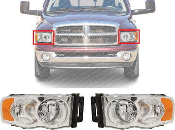 Set of 2 Front Headlight Assembly Halogen Right Passenger & Left Driver Side Direct Replacement Compatible With 2002-2005 Dodge Ram Full Size Pickup CH2503135 CH2503161 CH2502135