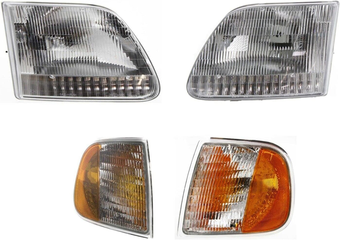 AUTOS PARTS PLUS Front Headlights Assembly Without Bracket + Corner Lamps Right Passenger & Left Driver Side Direct Replacement Compatible With 1997-2003 Ford F-Series FO2503139 FO2502139