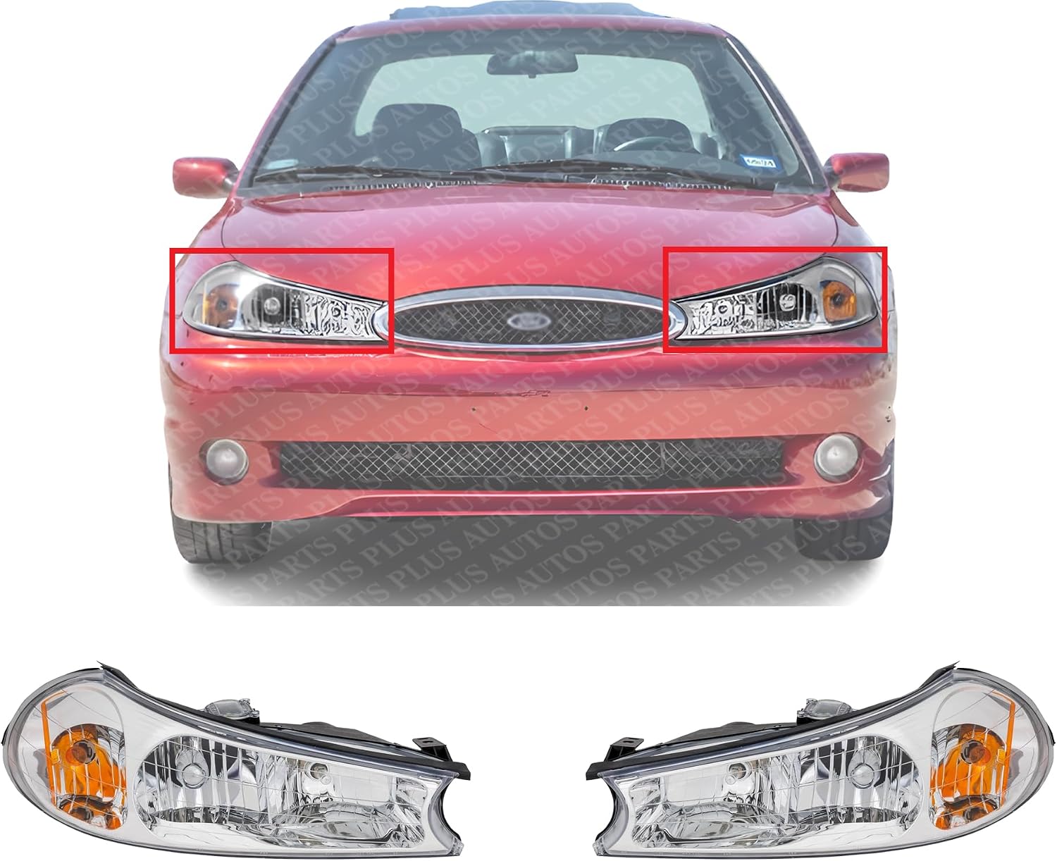 Set Of 2 Front Headlight Assembly Halogen Right Passenger and Left Driver Side Direct Replacement Compatible With 1998-2000 Ford Contour FO2503145 FO2502145 XS2Z13008AA XS2Z13008BA