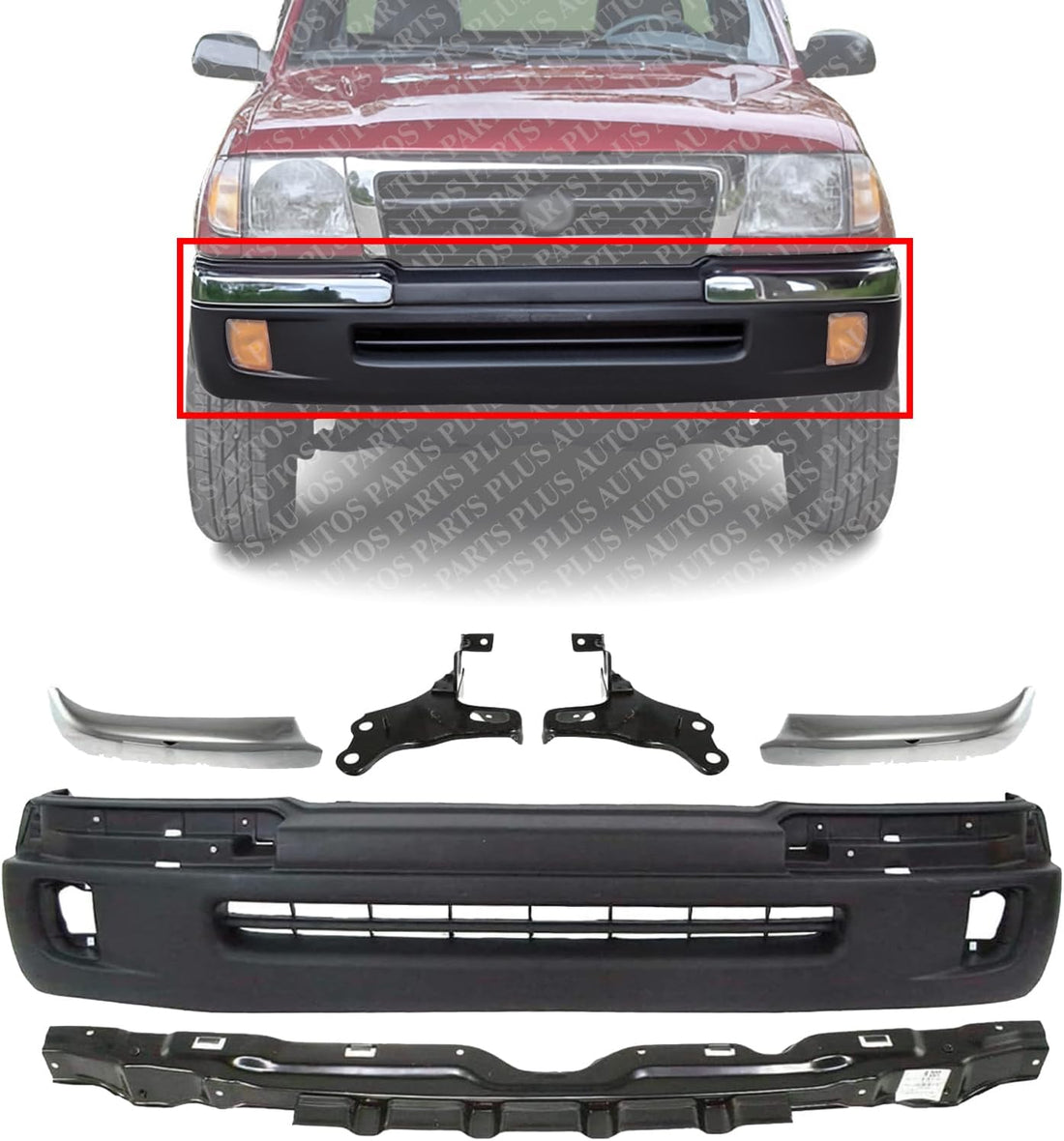 AUTOS PARTS PLUS Front Bumper Cover Textured + Reinforcement + End Chrome Trim + Brackets Left & Right Side Direct Replacement Compatible With 1998-2000 Toyota Tacoma TO1095173 TO1025104