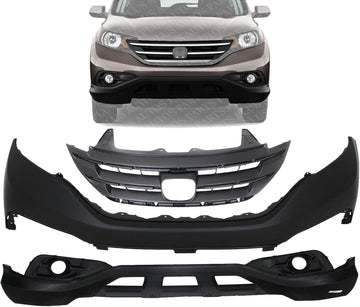 Front Bumper Upper Primed + Lower Cover Textured + Grille Primed Shell and Insert Direct Replacement Compatible With 2012-2014 Honda CR-V HO1200211 HO1014100 HO1015107 04711T0AA90ZZ