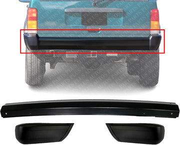 Rear Bumper Face Bar Primed Steel + End Caps Textured Right Passenger And Left Driver Side Direct Replacement Compatible With Jeep Cherokee 1997-1999 CH1102338 CH1105139 CH1104139
