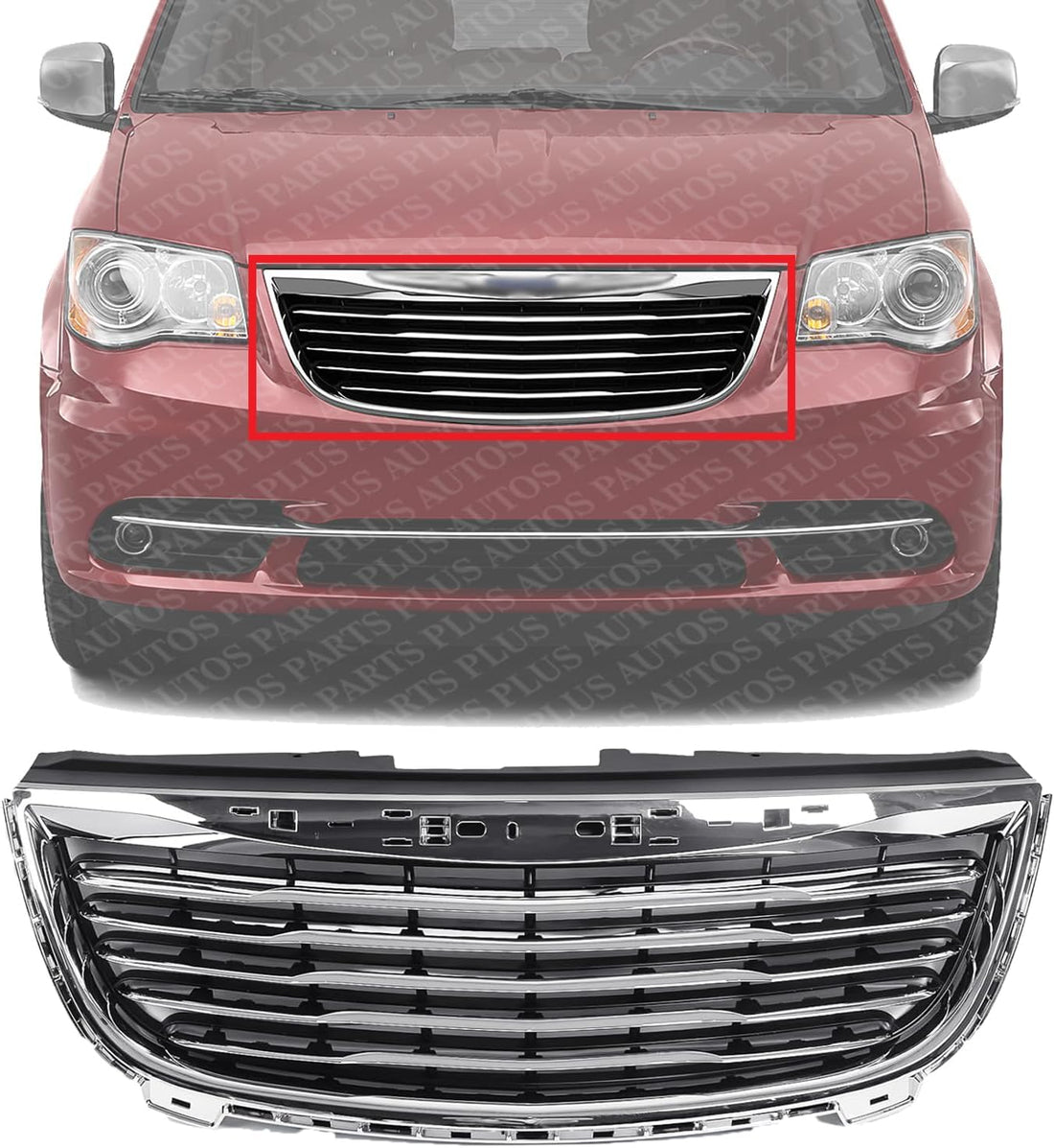Front Grille Assembly Plastic Chrome Shell With Textured Insert Direct Replacement Compatible With 2011-2016 Chrysler Town & Country CH1200350 68100692AB