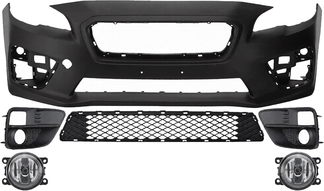 Front Bumper Cover Primed Plastic + Lower Center Grille + Fog Light + Trim Left Driver & Right Passenger Side Direct Replacement Compatible With 2015-2017 Subaru WRX