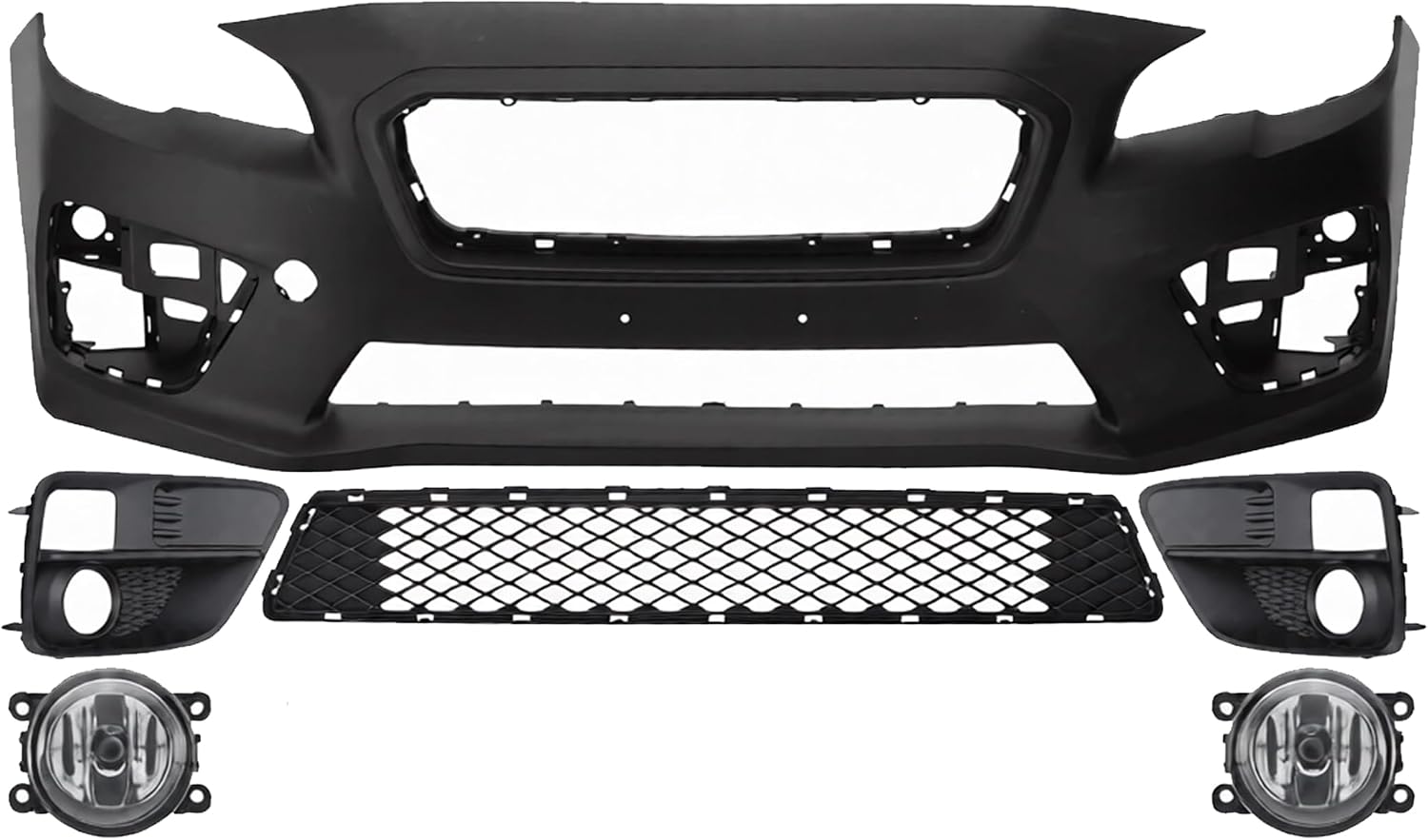 Front Bumper Cover Primed Plastic + Lower Center Grille + Fog Light + Trim Left Driver & Right Passenger Side Direct Replacement Compatible With 2015-2017 Subaru WRX
