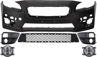 Front Bumper Cover Primed Plastic + Lower Center Grille + Fog Light + Trim Left Driver & Right Passenger Side Direct Replacement Compatible With 2015-2017 Subaru WRX