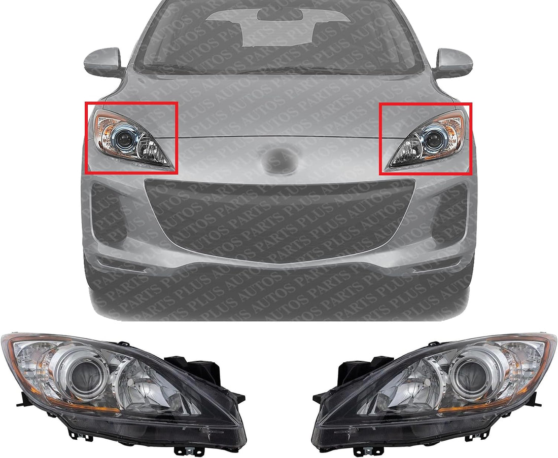 Set Of 2 Front Head Light Assembly Plastic Lens And Housing Left Driver & Right Passenger Side Direct Replacement Compatible With 2010-2013 Mazda 3 MA2518130 MA2519130