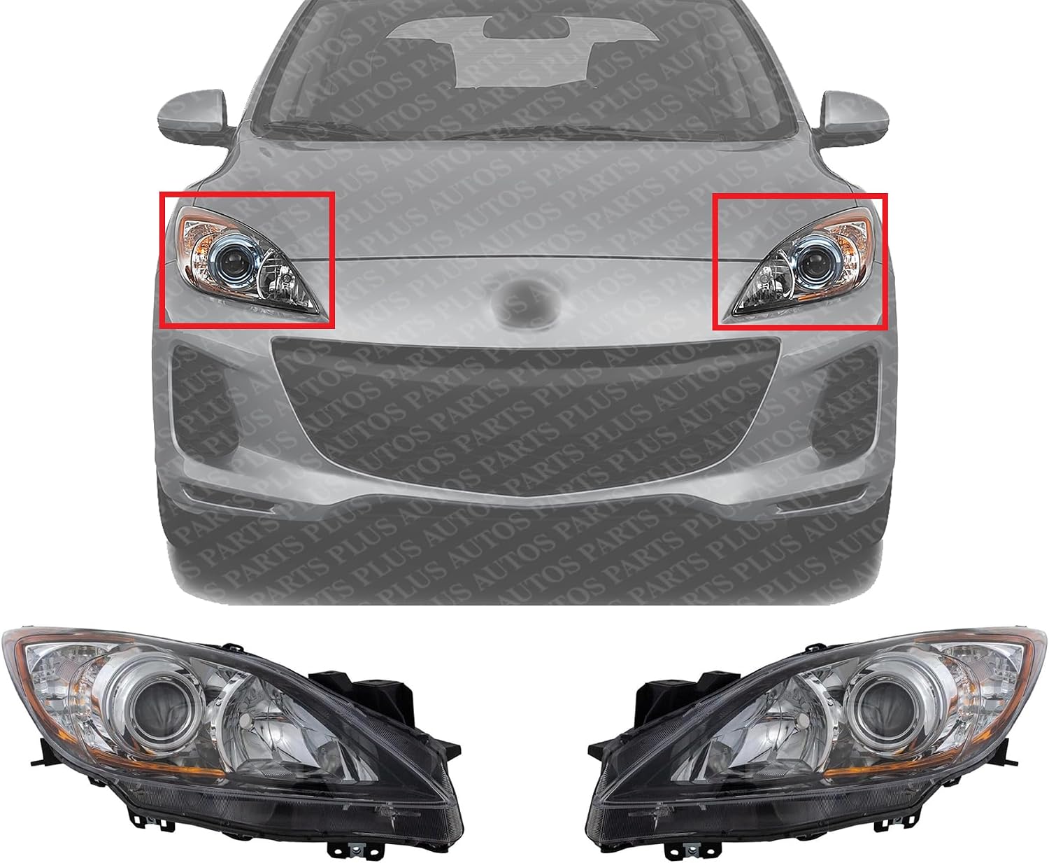 Set Of 2 Front Head Light Assembly Plastic Lens And Housing Left Driver & Right Passenger Side Direct Replacement Compatible With 2010-2013 Mazda 3 MA2518130 MA2519130