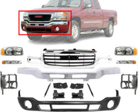 Front Bumper Steel With Brackets+ Grille Chrome + Lower Valance + Head Lights & Park Lamps Left and Right Side Direct Replacement Compatible With 2003-2006 GMC Sierra 1500