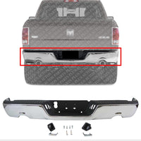 Rear Bumper Assembly Chrome Steel with Dual Exhaust & Without Sensor Holes Direct Replacement Compatible With 2009-2018 Dodge Ram 1500 CH1103118