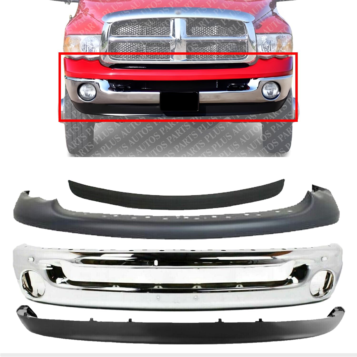Front Bumper Chrome Steel + Upper Cover Primed + Lower Valance Textured + Step Pad Molding Direct Replacement Compatible With 2002-2005 Dodge Ram 1500 2500 3500 CH1002383 CH1000338